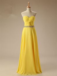 2017 Sexy Yellow Sweetheart Crystal A-Line Formal Evening Dresses With Beading Pleat Chiffon Plus Size Prom Party Celebrity Gowns BE19