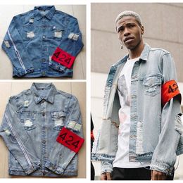 Wholesale- hiphop men's clothes brand clothing Four Two Four 424 spring summer broken hole jeans designer ripped denim jacket