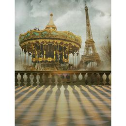 Amusement Park Children Photography Background Grey Sky Carousel Eiffel Tower Backdrop Kids Photo Studio Backgrounds Vintage