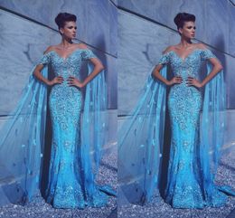Sky Blue 2017 Light Prom Off Shoulder Beaded Evening Dresses with Applique Mermaid Said Mhamad Custom Made Formal Party Gown