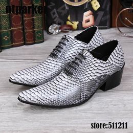 6CM Heels Grey White Snake Pattern Men's Shoes Geunine Leather Dress Shoes Pointed Oxfords Business Shoes for Men!