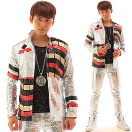 2017 silver jacket male costume men's dance outerwear Nightclub party Christmas stage costumes for singers fashion slim wear