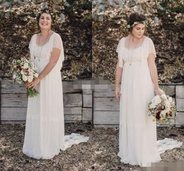 2019 Ivory Bohemian Wedding Dresses Plus Size Maternity Lace Short Sleeves Cheap Scoop Open Back Country Spring Wedding Bridal Wedding Gowns