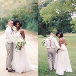 Rustic 2017 Ivory Lace And Tulle Country Wedding Dresses Cheap Backless Jewel Ruched Bridal Gowns Custom Made Plus Size EN8084