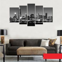 wooden picture UK - 5 Picture Canvas Paintings Wall Art Black and White Chicago City Night View Paintings Artwork with Wooden Framed for Home Decoration