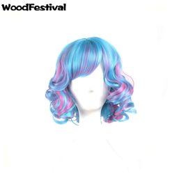 -Woodfestival Blue Rose Red Mix Color Perücke Ombre Courly Kurzer Hitzebeständige Faserperücken Synthetische Haare Pony Frauen