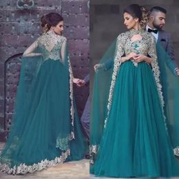 Gorgeous 2018 Teal Tulle Arabic Dresses Evening Wear With Pretty Lace Appliques High Collar Wraps Formal Gowns Custom Made EN10078