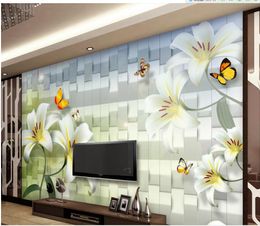 3d customized wallpaper White lily fresh and elegant butterfly TV sofa background wall 3d murals wallpaper for living room