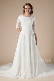 New Arrival Long Lace Chiffon Beach Modest Wedding Dresses With 34 Sleeves Boho Informal LDS Wedding Dresses Temple Bridal Gowns