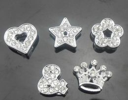 100pcs/lot 8mm mix styles (heart star crown & flower) full rhinestones slide charms fit for 8MM DIY leather keychains