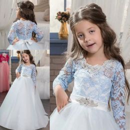 White And Light Blue Lace Flower Girl Dresses For Wedding 2017 Long Sleeves Girls Pageant Gowns With Beaded Belt Floor Length Party Dress