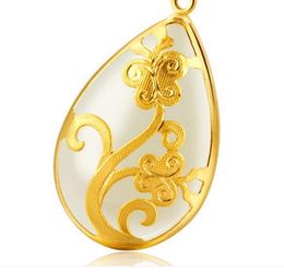Gold inlaid jade white water type of bee flower blooming flowers charm necklace pendant