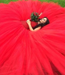 Hot Red Tulle Ball Gowns Wedding Dress 2019 Country Western Crystals Petal Beading Top Weding Weeding Gown Bride Dresses