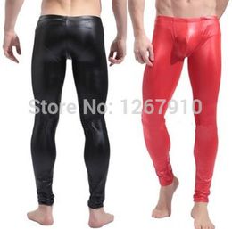 Wholesale-New Red Black Men's Shiny Stretch Faux Leather Sexy Pants,Sexy &Novelty Skinny Muscle Tights Mens Low Waist Leggings