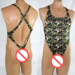 Mens Thong Back Bodysuit Swim Fabric Stretchy High Cut X Crossing Back G7284 Onesie Camo camouflage Prints