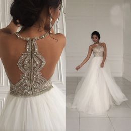 Sparkly A Line Wedding Dress Sexy Beaded Crystals Jewel Neck Sleeveless Beach Wedding Dresses Tulle Bridal Gown Split LS 31-12