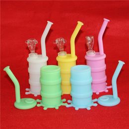 Glow in dark Silicone Mini Bong Water Pipe Solid Color silicone oil rig hookah Glass Downstem Glass Bowl Bongs Pipes For Smoking