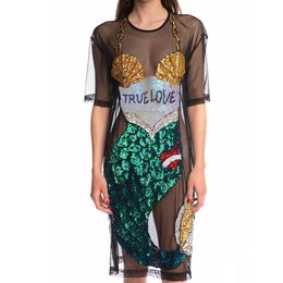 2017 hot sale Explosion section positioning sequins large size mermaid fishing net loose long dress T shirt