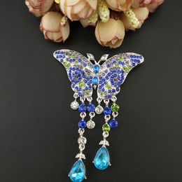 100pcs 60mm Pretty Butterfly Brooch Pin Silver Tone Green Blue Purple Rhinestone Crystal Brooches Wedding Party Fashion Jewelry