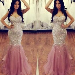 2017 Sweetheart Crystal Beaded Sequin Evening Dresses Luxury Mermaid Tulle Satin Floor Length Plus Size Skin Pink Prom Dresses Pageant Gown