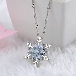 Wholesale- Charm Vintage Lady Necklace Women Snowflake Flower Shape Blue Zircon Silver-plated Pendants Necklaces Fashion Jewellery