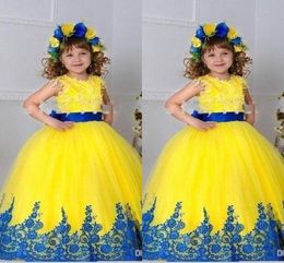 Yellow Vintage Girls Pageant Dresses Skirt Applique Ball Gown Girls Pageant Gowns Sleeveless Custom Made Cheap Flower Girl Dresses