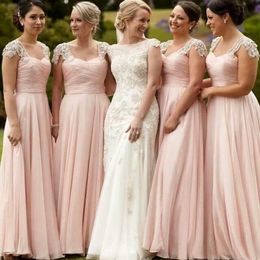 2017 Chiffon Bridesmaid Dresses Long Sexy Scoop Neck Bling Beaded Cap Sleeve Blush Pink Plus Size Lace Maid Of Honour Gown EN7147