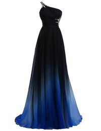 2017 Ombre Gradiant Robes de soirée de couleur Une épaule Empire Mousseline de soie Noir Royal Blue Designer Longue Cheap Prom Formal Dressage Pageant