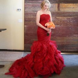 Red Gothic Mermaid Wedding Dresses Vestido De Noiva Organza Ruffle Sweetheart Country Western Bridal Gown Robe De Marriage