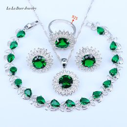 LB 925 Sterling Silber Schmuck Sets Für Frauen Grün Smaragd Silber Farbe Schöne Armbänder Halskette Anhänger Ohrringe