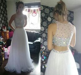 Gorgeous Crystal Tulle White Two Piece Prom Dresses Sheer Neck Sleeveless Floor Length Homecoming Dresses Long Prom Dresses Graduation Dress