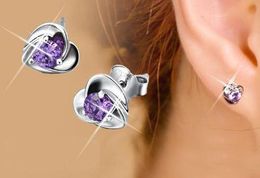 2017 Hot Sale S925 sterling silver purple white crystal earrings female lovely ear Jewellery genuine heart-shaped earrings
