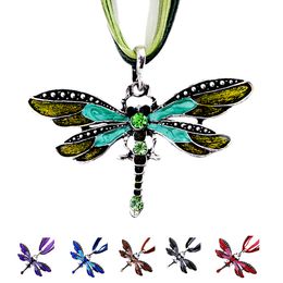 Vintage Enamel Dragonfly Pendant Necklace for Women Choker Necklaces With Rhinestone Wax Rope Chain Collar Fashion Jewellery