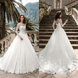 Abiti trasparenti a maniche lunghe Abito da ballo Gioiello Collo Applicazioni Abiti da sposa da sposa con pizzo sul retro Vestidos 329 s