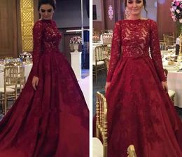 Burgundy Prom Dresses 2019 Long Sleeves Lace Dress Party Evening Bateau Neckline Plus Size A-Line Formal Gowns