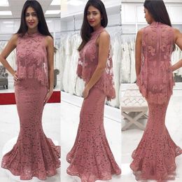 Dusty Pink Lace Mermaid Prom Dresses 2018 High Neck Sleeveless Top Two Layers Evening Gowns Sheer Back Formal Party Vestidos