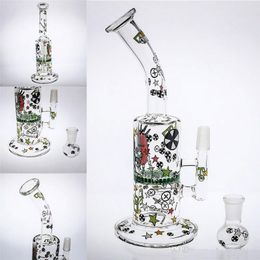 11'' Tall Cartoon Stickers Glass Bong with Bowl Arm Turbine Perc and Honeycom Percolator Glass Water Pipes Joint 14.4mm Oil Rigs Hookahs
