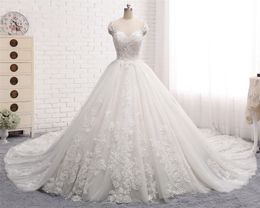 Vintage Vestido De Noiva Long Wedding Dress Scoop Cap Sleeve Ball Gown Chapel Train Beaded Lace Tulle Bride Dresses casamento