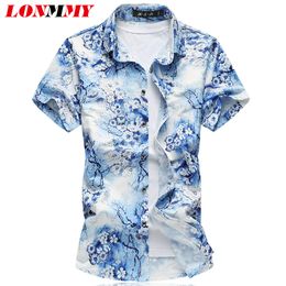 Wholesale- LONMMY PLUS SIZE M-7XL Floral mens silk shirt Mercerized cotton chemise homme flower shirt men Short sleeves mens dress shirts