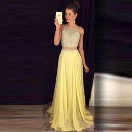 yellow 2 piece prom dress UK - Sexy Yellow Chiffon 2 Piece Prom Dresses With Beaded O Neck Long Elegant 2018 Evening Formal Gowns Vestido De Vesta