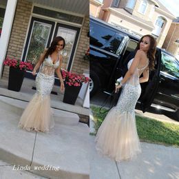 Champagne Colour Prom Dress Sexy Mermaid Crystals Rhinestones Open Back Long Criss Cross Back Formal Evening Party Gown Plus Size