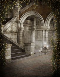 Vintage Castle Courtyard Photography Backdrops Yellow Roses Vines Gray Pillars Stairs Digital Photo Booth Studio Backgrounds Brick Floor