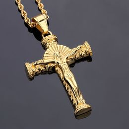Stainless Steel Christian Jesus Cross Pendant Necklace With 60cm Long Chain Gold Fashion Hip Hop Jewelry For Men Women Gift