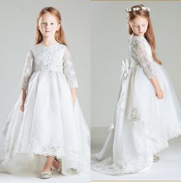 High Low Lace Flower Girl Dresses 3/4 Long Sleeves Beaded First Communion Vintage Little Girls Pageant Dresses With Bow Children