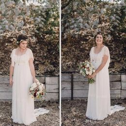 Plus Size Wedding Dresses 2020Short Sleeves Lace Country A Line Chiffon Scoop Long Backless Romantic Bohemian Wedding Gowns