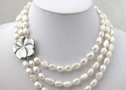 3 rows FLOWER CLASP 8-9mm White freshwater Cultured Pearl necklace