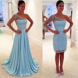 one shoulder evening gowns UK - One Shoulder Chiffon Evening Gowns Two Pieces Prom Dresses Long Blue Popular With Beading Vestido De Noche