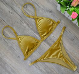 -2017 Mujeres Dark Green Orange Gold Velvet Thong Bikinis Conjuntos de trajes de baño traje de baño brasileño Beach Wear traje de baño 2221