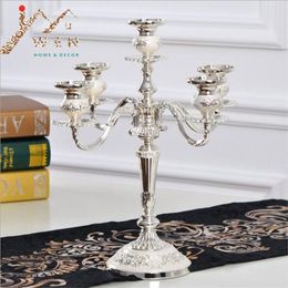 New arrival 5-arms shiny silver plated Centrepiece candelabra zinc alloy metal candle holder for wedding, events or party home decor