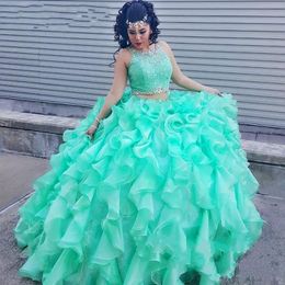 2017 Mint Lace Quinceanera Dresses 2 Piece Ball Gown Princess Puffy Ruffle Masquerade Sweet 16 Dresses For 15 Years Prom Gowns QU01